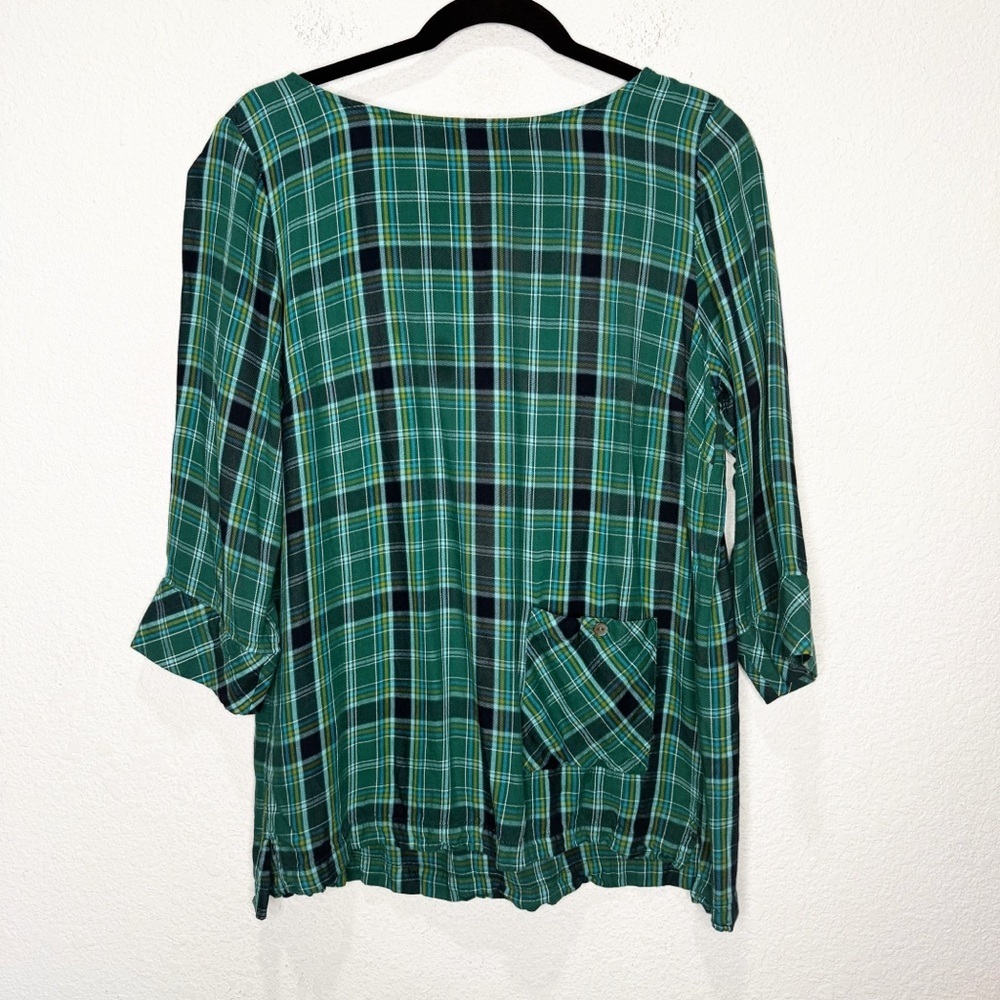 J. Jill Green Tartan Plaid Pocket Ruffle Hem Tunic Top Blouse